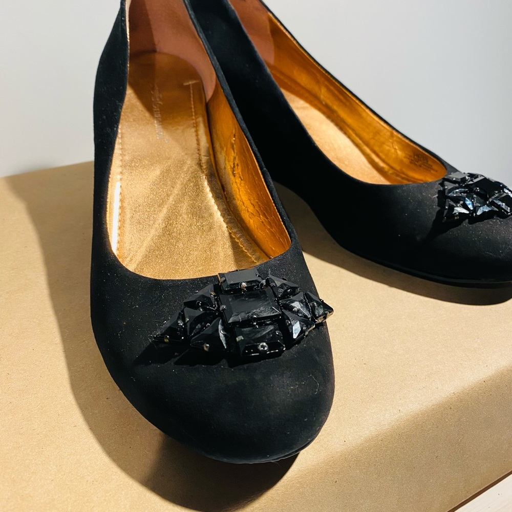 BCBGeneration Black Suede Wedges w/Jewel Embellishment